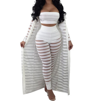 Big Size S-3xl Summer Tracksuit Hollow Out Stripe Overalls Sexy Women's Set Three Pieces Suits Jumpsuit Casual Nightclub Wear