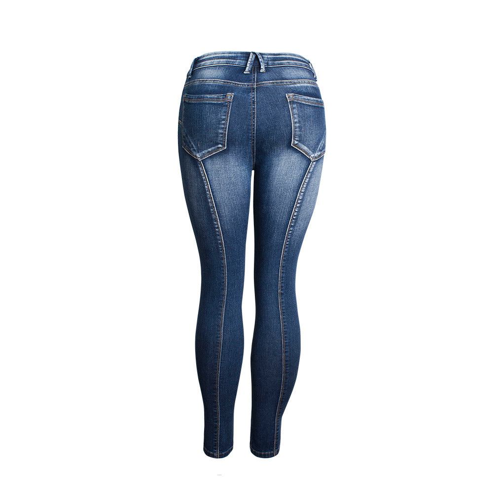 Jeans Nouveau Style Taille Mi-haute Ourlet Fendu Élastique Tendance Haute Qualité Lavé Neuf Points Jeans 