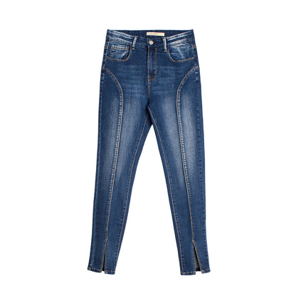 Jeans Nouveau Style Taille Mi-haute Ourlet Fendu Élastique Tendance Haute Qualité Lavé Neuf Points Jeans 