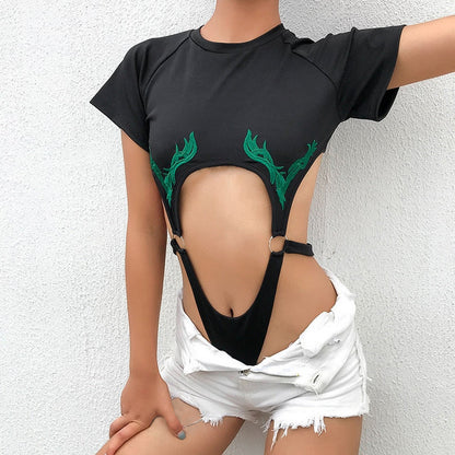 European and American short round neck pullover, personalized street sexy spicy girl, crop top, backless patchwork jumpsuit