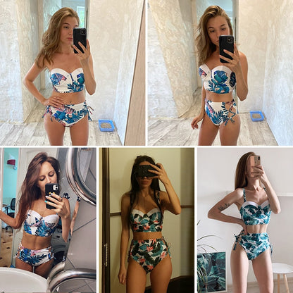 High Waist Swimwear New Leaf Print Bikinis Women Swimsuit Vintage Retro Bathing Suit Halter Biquini Maillot de bain femme