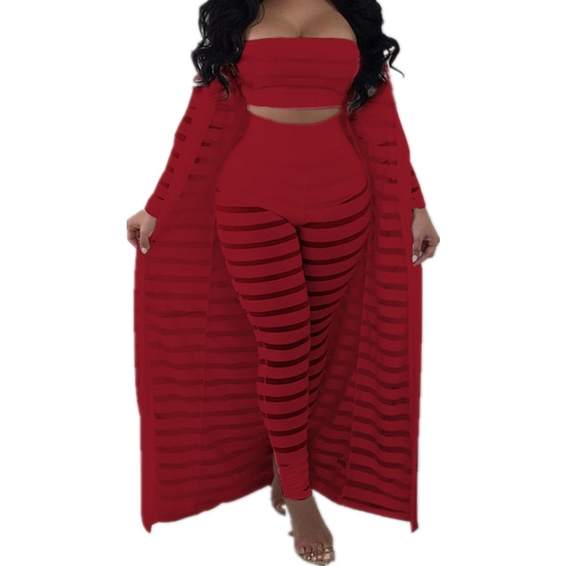 Big Size S-3xl Summer Tracksuit Hollow Out Stripe Overalls Sexy Women's Set Three Pieces Suits Jumpsuit Casual Nightclub Wear