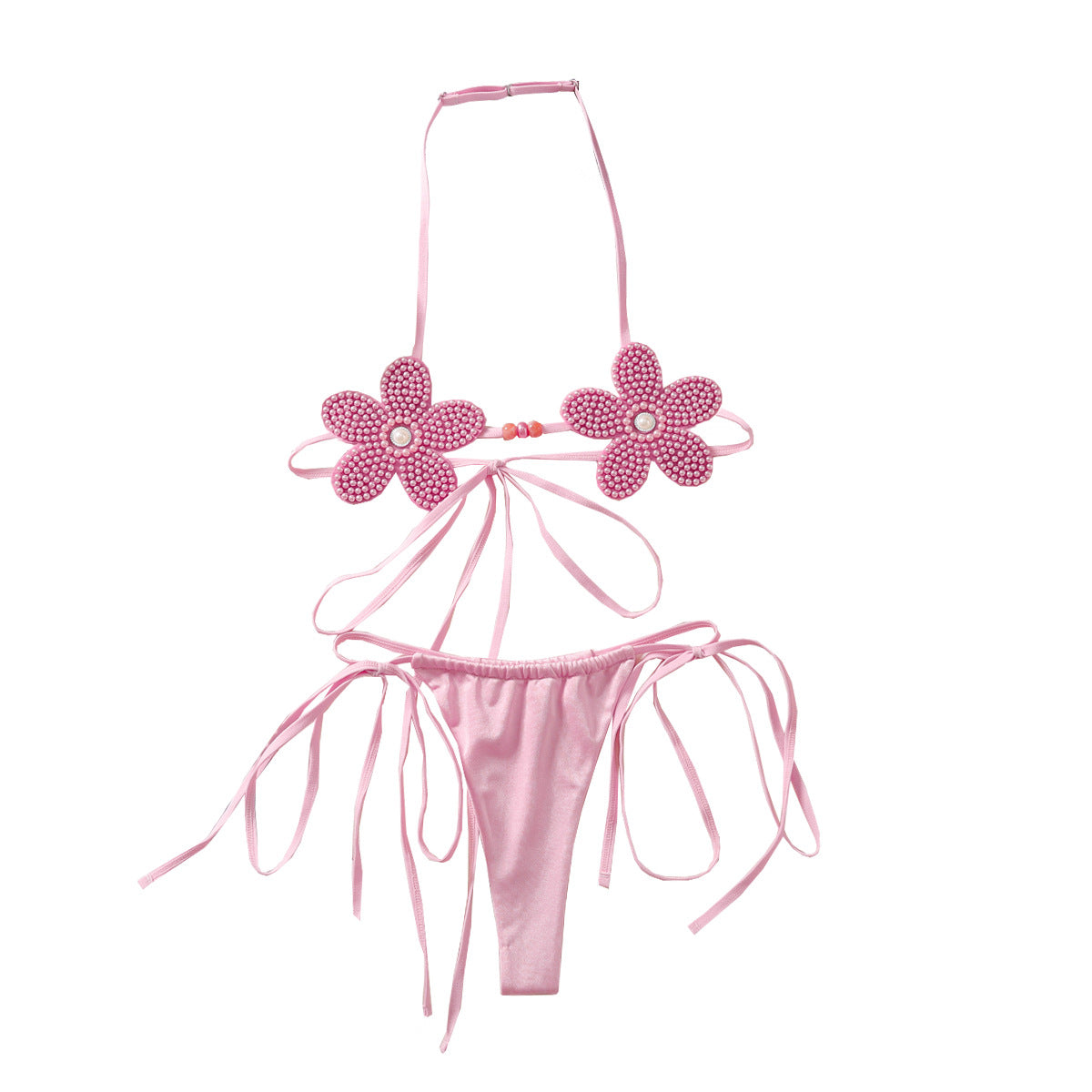 Japanese 3D Flower Cute Girl Sex Set with Hanging Neck and Sexy Strap Bareback Underwear and Underwear Two Piece Set