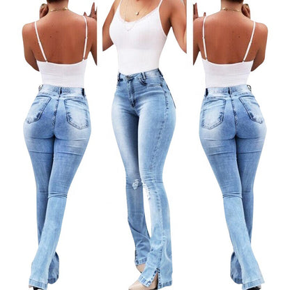 Pantalon en jean taille haute évasé extensible pour femme 