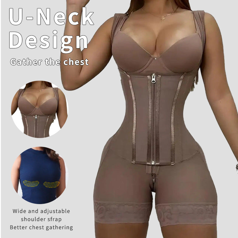 European and American plus waist cinching shapewear with reinforced double-layer abdominal shaping and hip lifting zipper opening one-piece corset