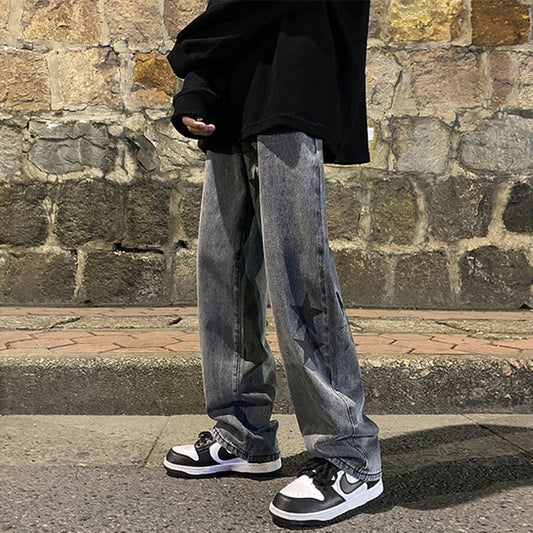 Pantalon Vibe de la rue européenne et américaine Instagram tendance pentagramme gris fumé jeans hommes jambe droite ample pantalon jambe large automne et hiver