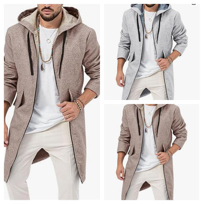 Hooded Jacket Single Zipper Cardigan Woolen Men's Coat