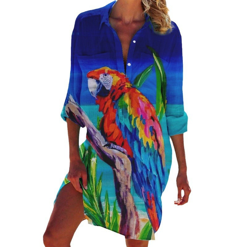 Women's Bird-and-flower Painting Printed Bikini Shirt