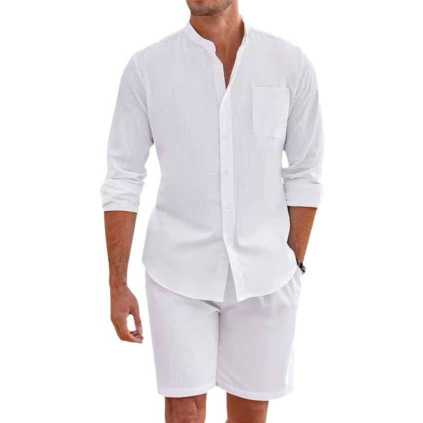 Men's Summer Two-piece Polyester Button Shirt Long Sleeve Shorts