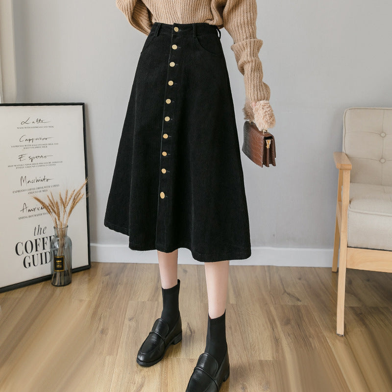 Corduroy Retro Fashion A- Line Dress Midi Skirt