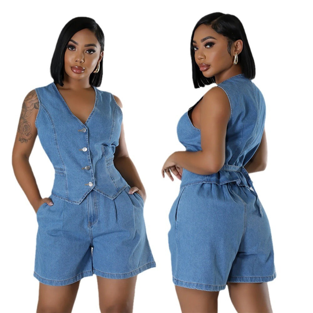 Fashion Casual Sleeveless High Waist Women's Denim Shorts Suit