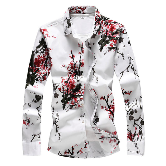 Men's Plus Size Satin Flower Long-sleeved Slim Fit Shirt