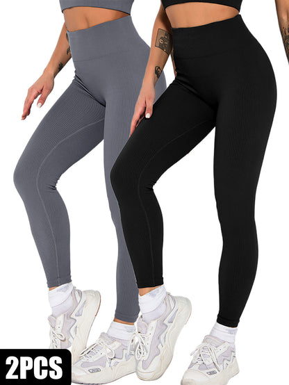 2 Pack Womens Seamless Ribbed Leggings Soft Slimming Yoga Pants, Ribbed Yoga Pants High Waisted Gym Leggings Sport Women Fitness Seamless Female