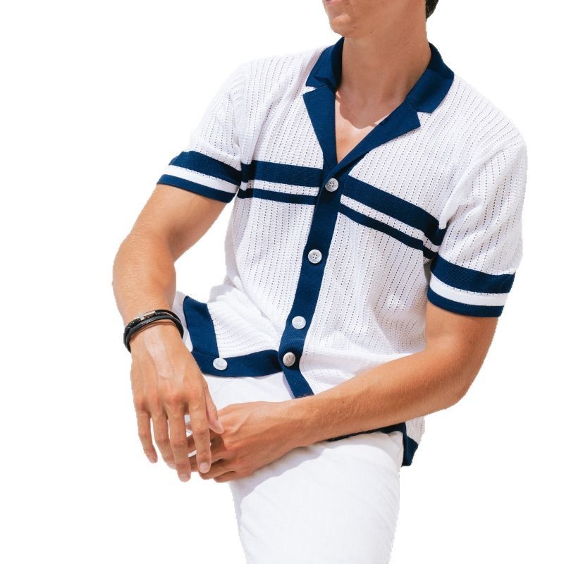 Men's Lapel Short Sleeve Color Matching Casual Shirt