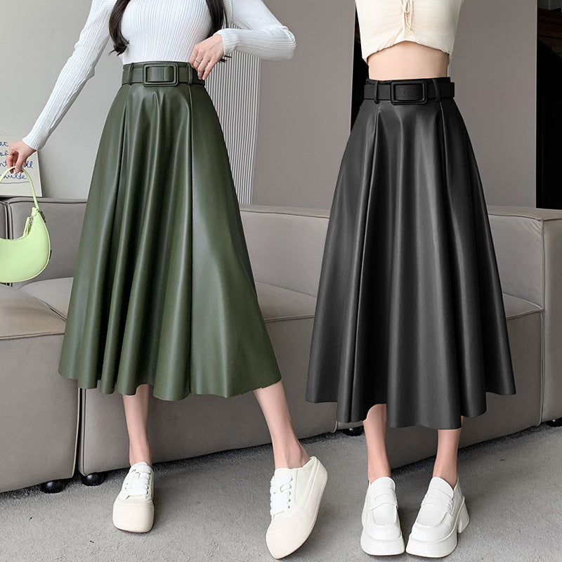 Women's A- Line High Waist Leather Skirt Midi Skirt