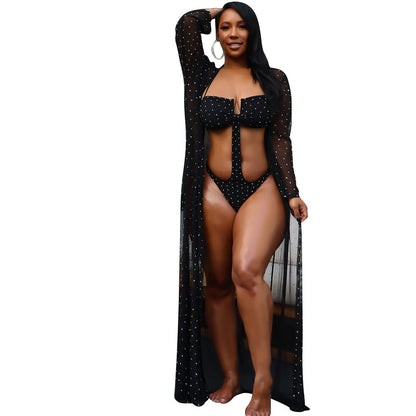 Rhinestone Long Sleeve Swimsuit Cape