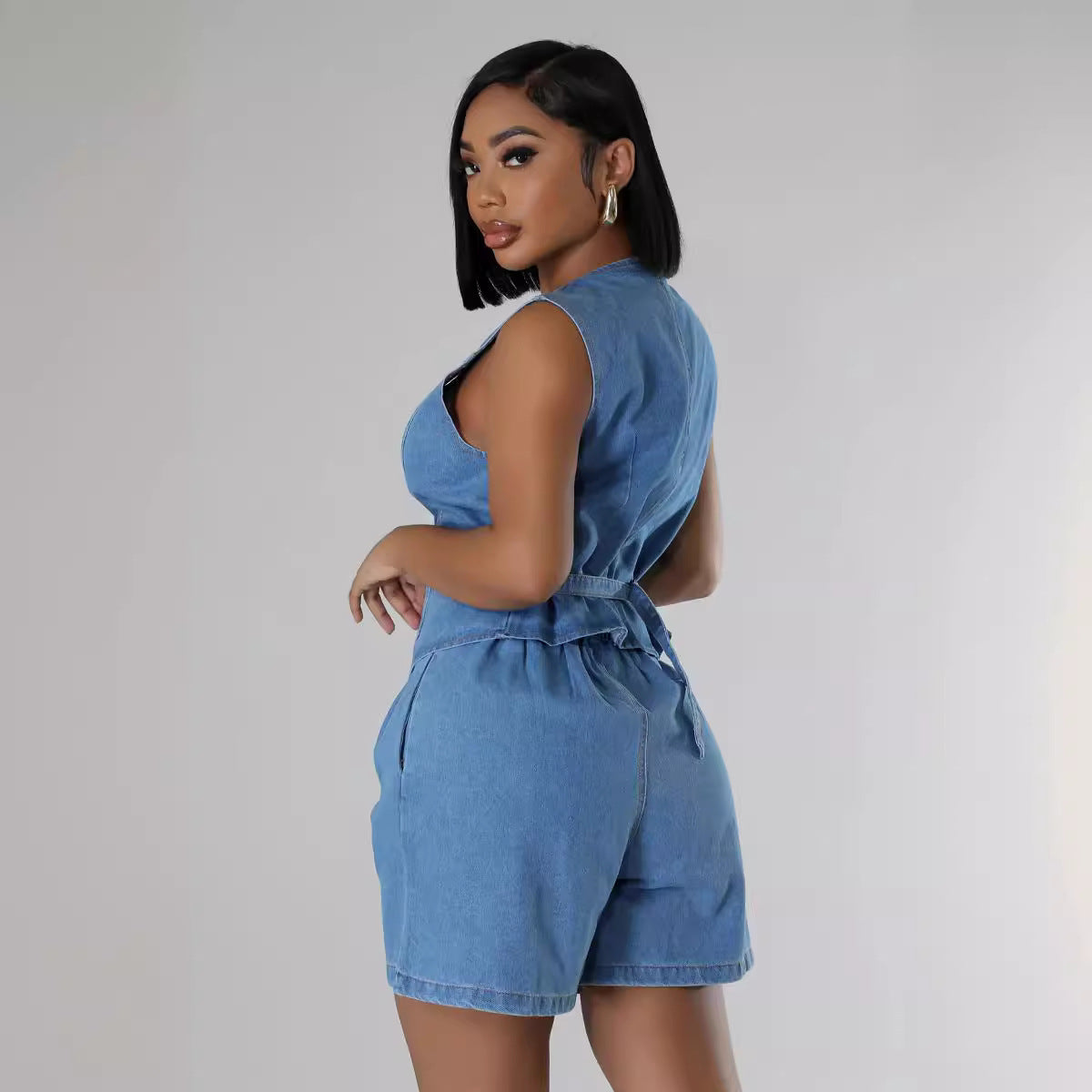 Fashion Casual Sleeveless High Waist Women's Denim Shorts Suit