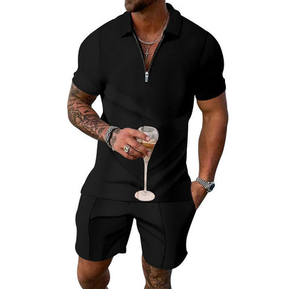 Men's European And American Zipper Short-sleeved Shorts Suit