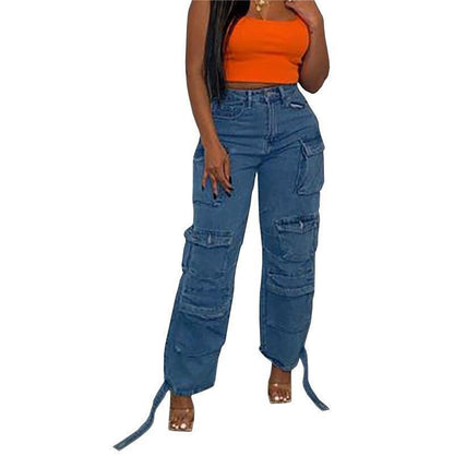 European And American Fashion Multi-pocket Jeans Washed Overalls