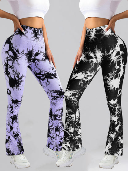 2 Pack Tie Dyed High Waisted Flared Butt-lifting Fitness Sports Women's Yoga Bell-bottom Pants, Workout Leggings For Women, Gym Scrunch Butt Butt Lifting Seamless Leggings