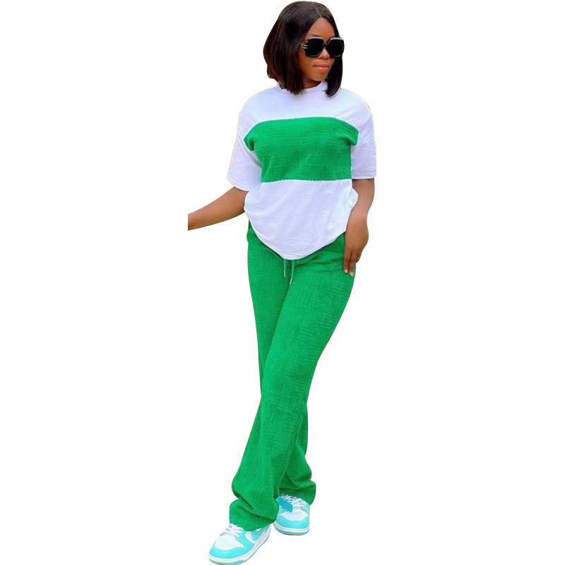 Women's Fashion Simple Long Pants Short-sleeved Two-piece Suit