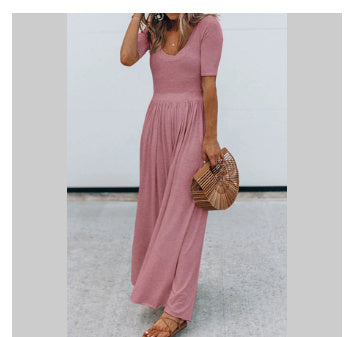 Ladies Fashion Solid Color Short Sleeve Wide Leg Loose Jumpsuit