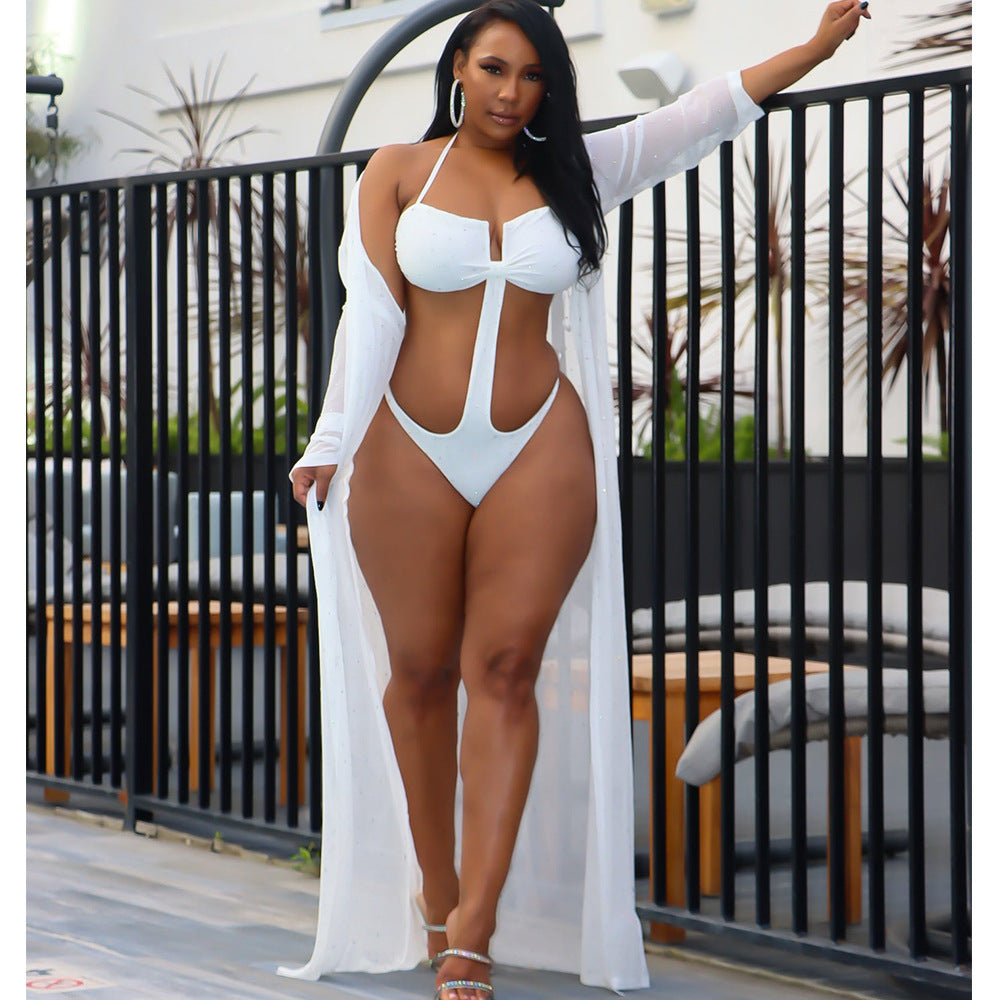 Rhinestone Long Sleeve Swimsuit Cape